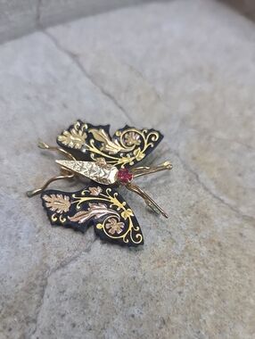 Vintage Toledo Damascene Bee Butterfly Moth Brooch 24k gold plate black Enamel